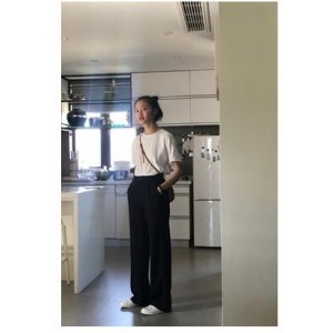俪雅裤子女2021年商场同款春季阔腿宽松不对称藏蓝色七分西装裤